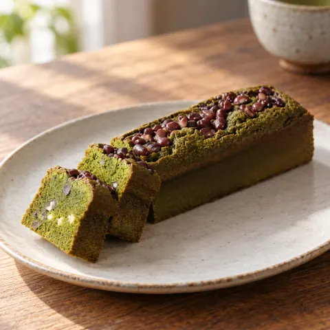 抹茶と小豆のパンデローケーキ：雰囲気と断面