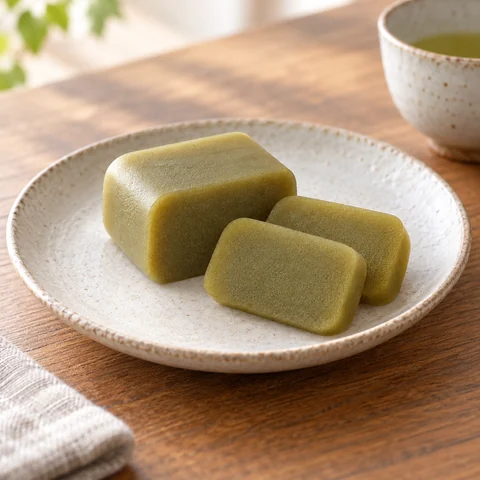 青柳ういろう 抹茶：雰囲気と断面