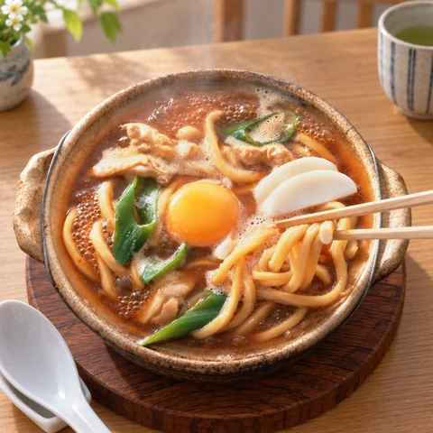 山本屋本店 半生煮込みうどん：調理例と麺の質感