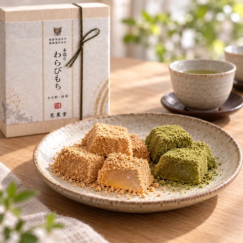 本造りわらび餅 きな粉・抹茶詰合せ：雰囲気と断面
